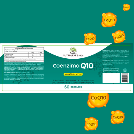 Coenzima Q10 supplement packaging with Nutri-Leaf Sação branding on a green background.