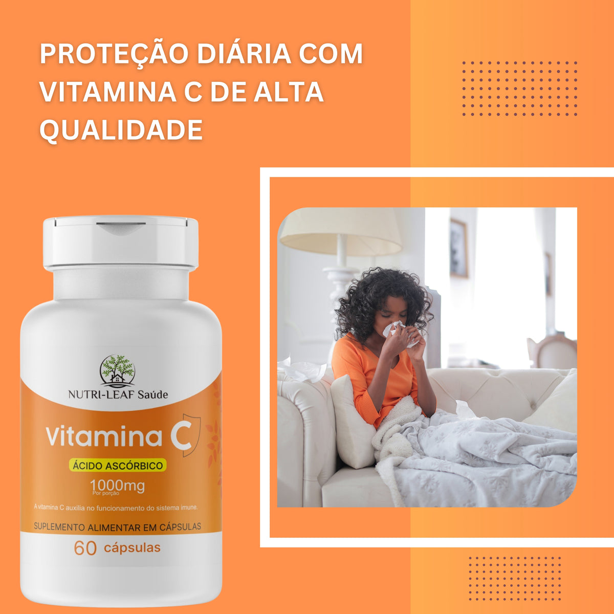 Vitamin C supplement bottle with a child on a couch in a living room.