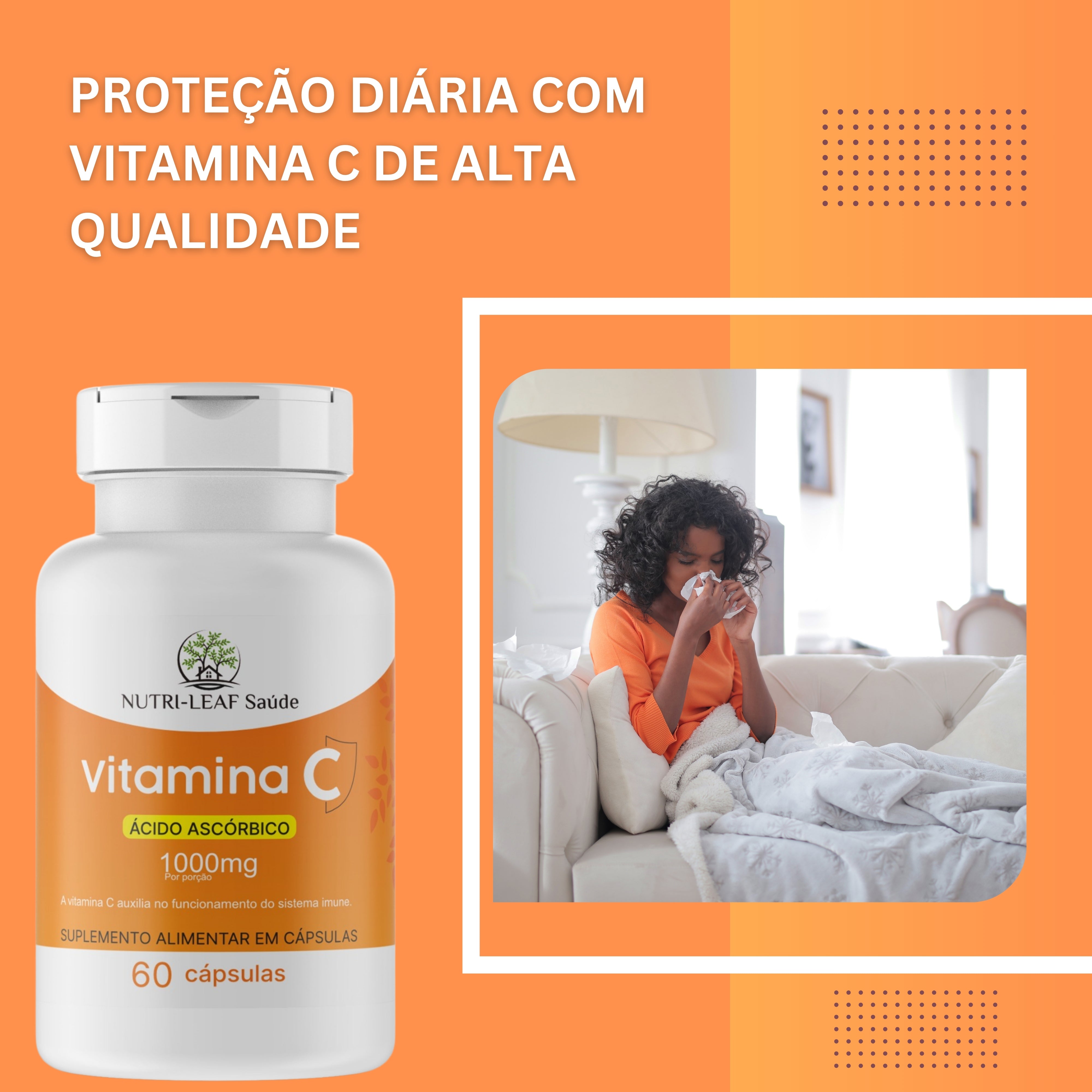 Vitamin C supplement bottle with a child on a couch in a living room.