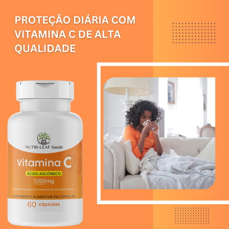 Vitamin C supplement bottle with a child on a couch in a living room.