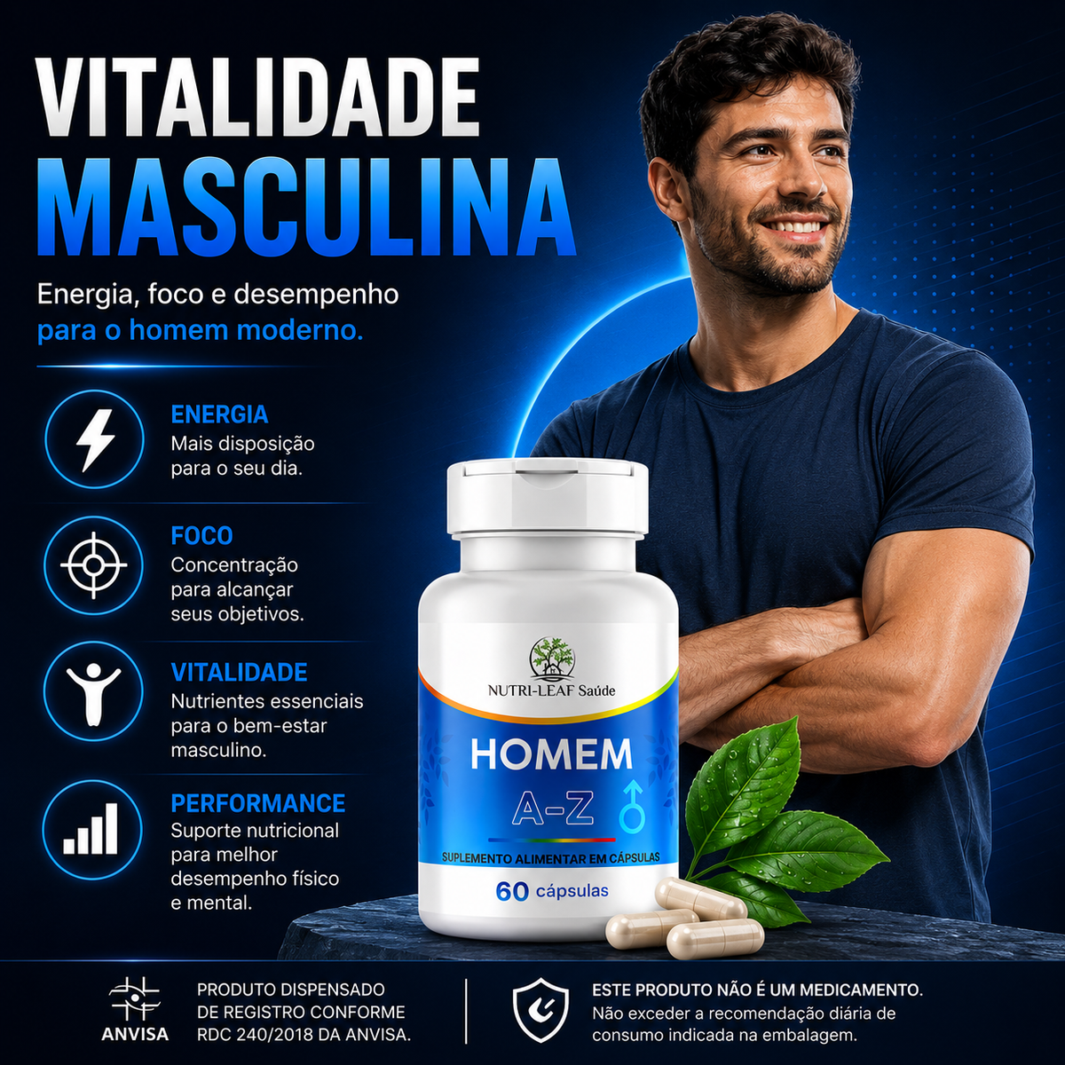 A man in a navy T-shirt stands beside a bottle of NutriLifeAt S.Ade 'HOMEM A-Z' supplements, with Portuguese marketing text and icons highlighting energy, focus, vitality, and performance.