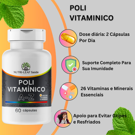 Informação nutricional Polivitamínico A-Z 23 vitaminas e minerais alta absorção NUTRI-LEAF