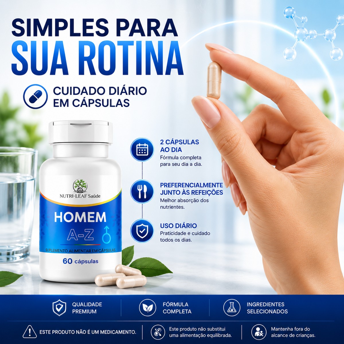 A bottle of Nutre Life Saúde 'Homem A+Z' dietary supplement capsules next to a hand holding a capsule, with Portuguese promotional text and feature icons on a light blue background.