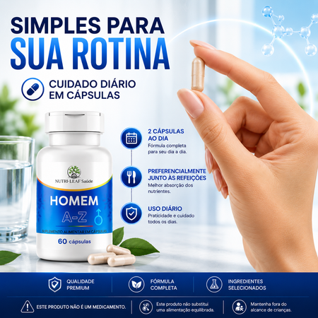 A bottle of Nutre Life Saúde 'Homem A+Z' dietary supplement capsules next to a hand holding a capsule, with Portuguese promotional text and feature icons on a light blue background.