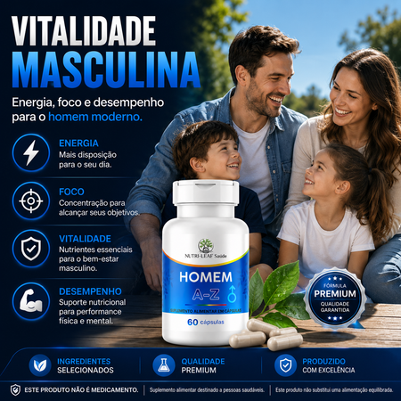 A promotional graphic for a male health supplement bottle labeled 'HOMEN A-Z' by NutriLife Saúde, shown in front of a family outdoors. The ad uses large Portuguese text, icons, and a blue badge claiming 'Dura Premium Qualidade Garantida'.