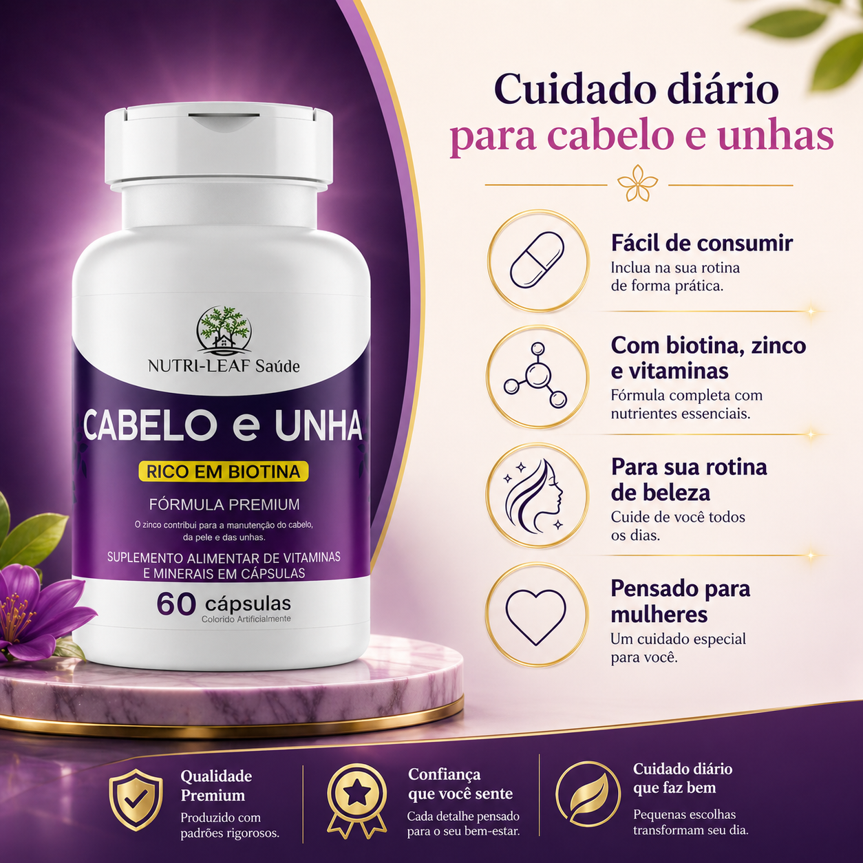 Frasco suplemento cabelo e unha NUTRI-LEAF Saúde com biotina, design premium, cuidado diário em cápsulas