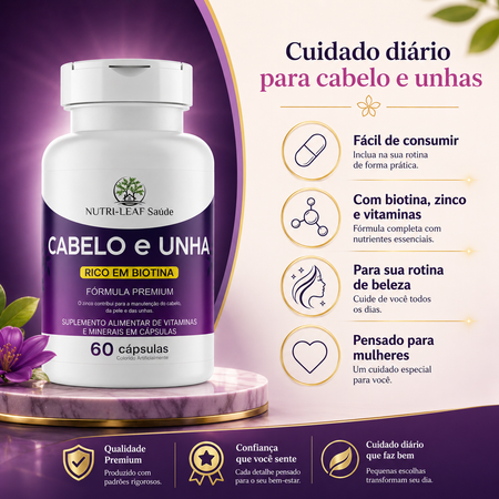 Frasco suplemento cabelo e unha NUTRI-LEAF Saúde com biotina, design premium, cuidado diário em cápsulas