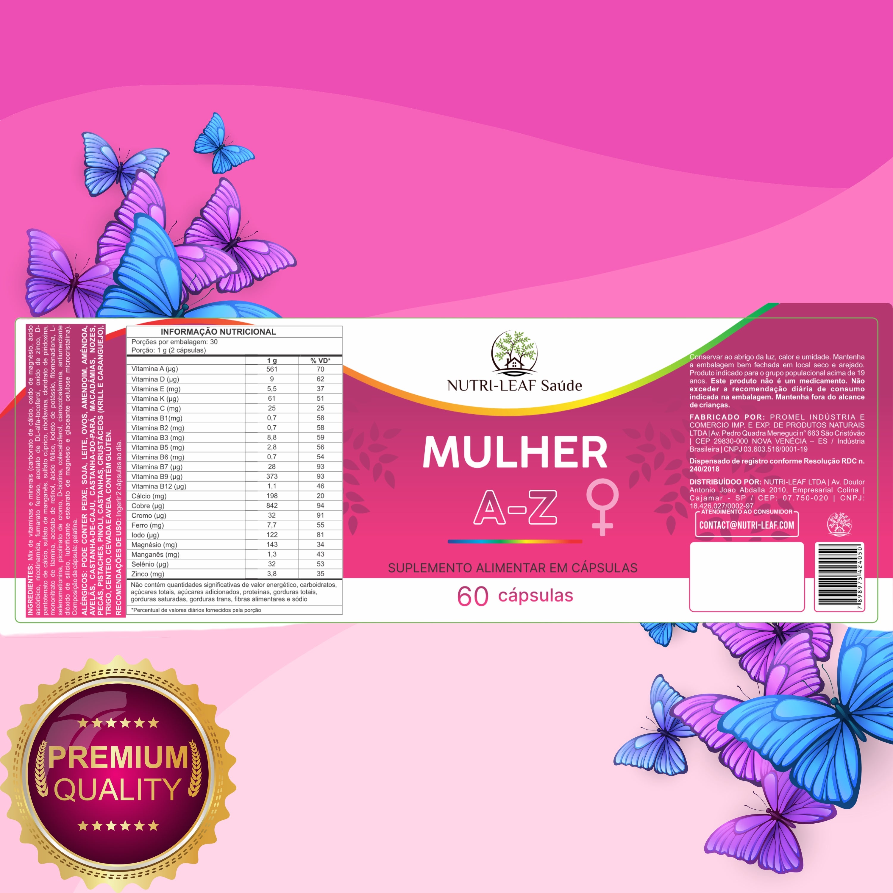 Nutrientes essenciais femininos vitaminas minerais complexo B zinco magnésio NUTRI-LEAF