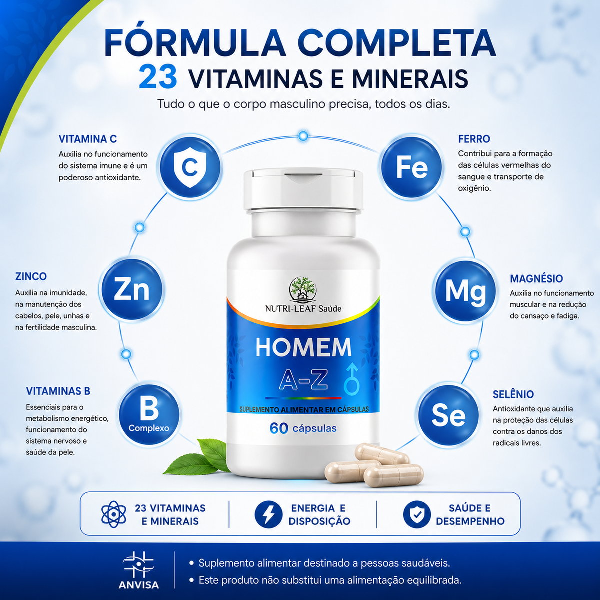 Promotional graphic for a supplement bottle labeled 'HOMEN A-Z' with 23 vitamins and minerals, featuring a white bottle with a blue label, surrounded by icons and text for various nutrients on a light blue background.