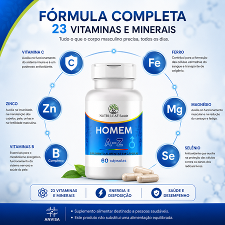 Promotional graphic for a supplement bottle labeled 'HOMEN A-Z' with 23 vitamins and minerals, featuring a white bottle with a blue label, surrounded by icons and text for various nutrients on a light blue background.