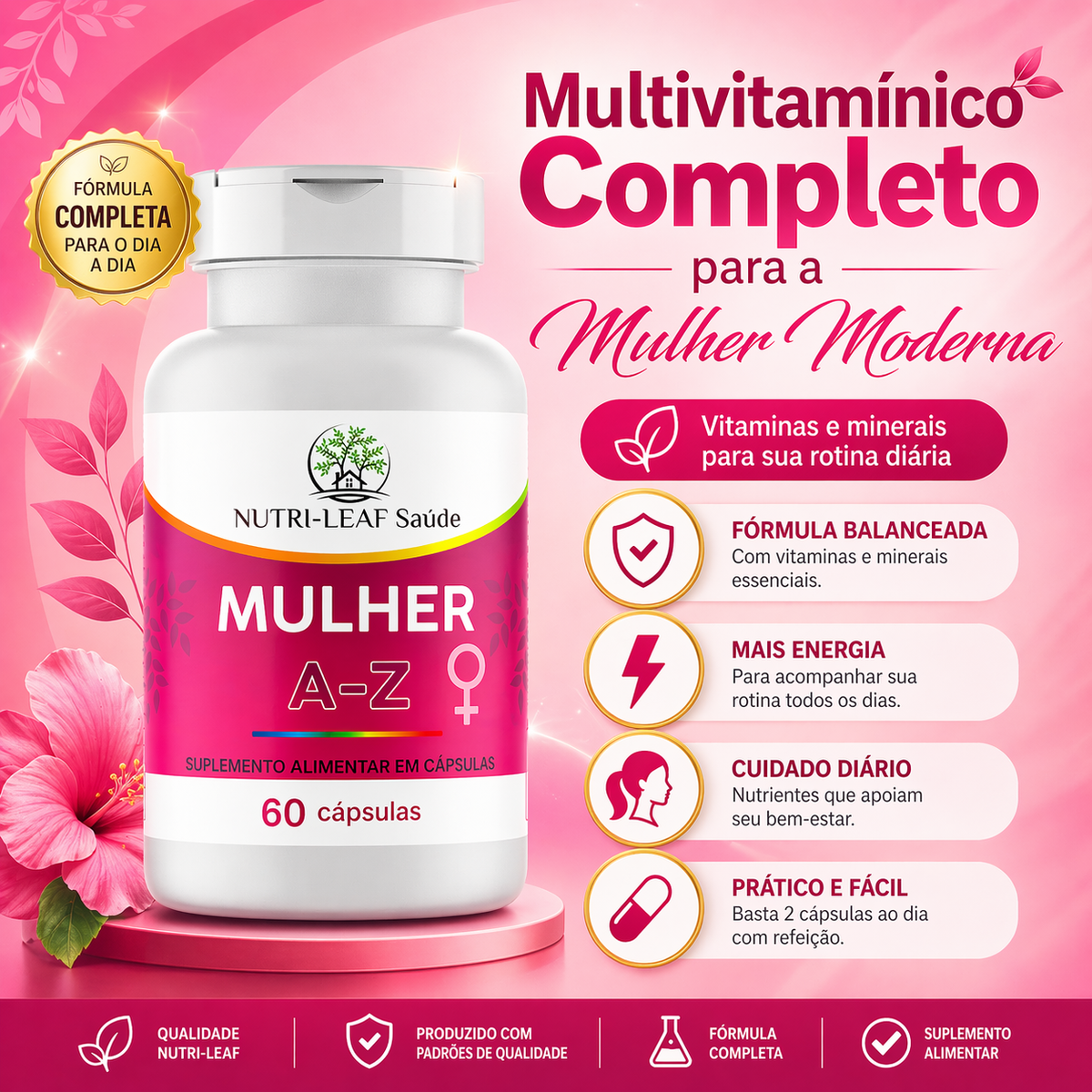 Infográfico do suplemento feminino Mulher A-Z com destaque para praticidade, nutrientes essenciais e uso na rotina de bem-estar